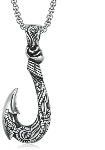 Hokech Mens Stainless Steel Large 3D Hawaiian Fish Hook Pendant Necklaces Fashion Jewelry Chain Accessories