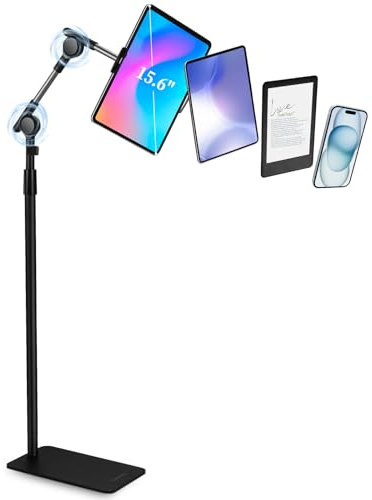 SHUWEI Soporte de suelo para tablet con engranajes helicoidales de doble autobloqueo, 70.9 pulgadas de altura ajustable para iPad con base estable de 7 libras, compatible con iPad, Kindle, teléfono,