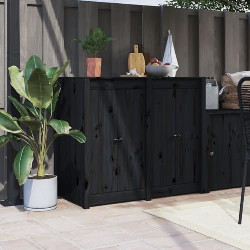 Ante da Cucina da Esterno 2pz Nere 50x9x82cm Legno Massello di Pino,Ante cucina da esterno in legno massello di pino con pomelli in metallo per mobili da cucina da giardino