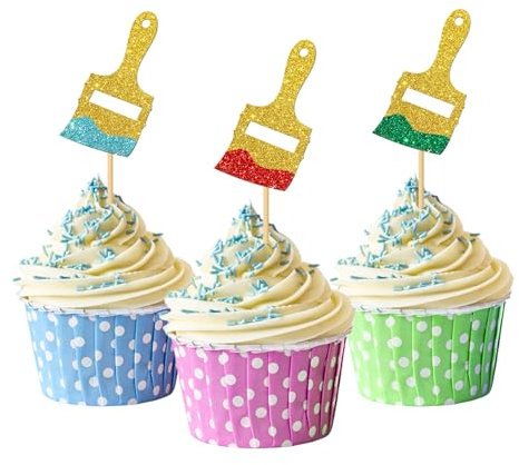 MonMon & Craft Paint Brush Cupcake Toppers/Art Theme Party Cupcake Toppers/Children Birthday/Painting Graffiti Artist Birthday Party Decorations/Glitter - 24 Pcs