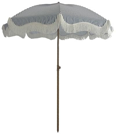 Aqkgtj Parasol de plage rayé bleu et blanc de 200cm avec frange, parasol d'extérieur inclinable pour piscine, balcon, jardin, parasol rond avec hauteur réglable