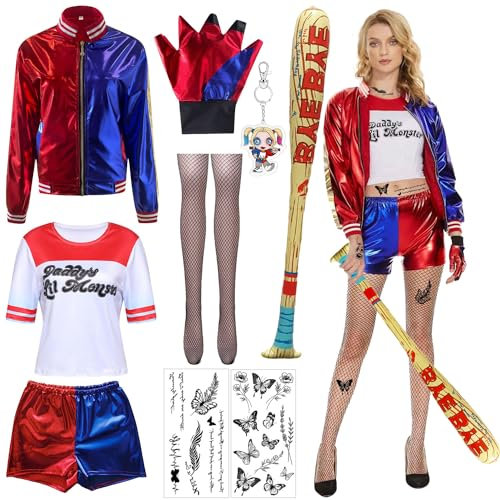 Harley Quinn Cosplay Kostüme,Harley Quinn Kostüm Damen,Suicide Squad Kostüm,Mädchen Bösewicht Kostüm Kit,Harley Quinn Kostüm für Erwachsene und Kinder,Halyquin Kostüm für Halloween Karneval Cosplay
