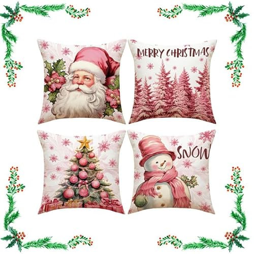 Eageroo 45 x 45 cm Confezione da 4 fodere per cuscini decorativi Federe per cuscini decorativi Camera da letto Soggiorno Divano Fodera per cuscino (ROSA di Natale)
