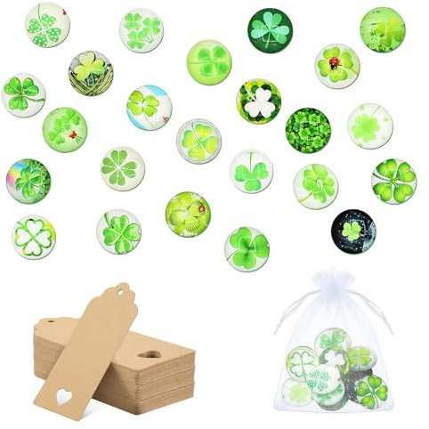 Cosswe 24 Stück Vierblättriges Kleeblatt Glassteine Sets, 25mm Glücksklee Glassteine Gemischte Farbe Bunt Steine mit Organzasäckchen und Geschenkanhänger für DIY Handwerkliche