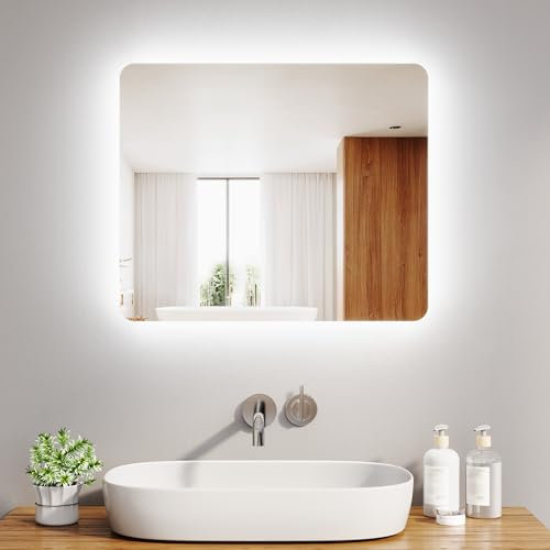 LOMIKEN Badezimmerspiegel mit Beleuchtung, 60 x 50 x 3,5 cm, Wandspiegel 6400K Kaltweiß LED Energie Sparen Vertikal/Horizontal