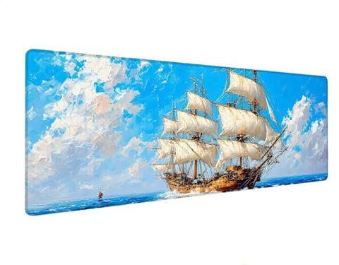 XXL Mouse Pad 400x800x4 mm, Large Mouse Mat Blue, Gaming Mouse Pad Boat, Extended Mouse Mats for Desk, Keyboard and Mouse Mat with Stitched Edges, Non-Slip Rubber Base Desk Pad for Office Gaming W-6