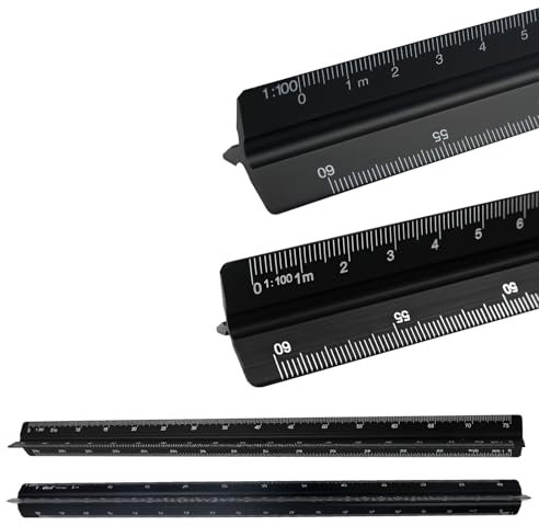 FENGCHUANG 2 Stücke Architektonisches Lineal, Aluminium Maßstab Lineal, Metrische Skalen 1:20 1:25 1:50 1:75 1:100 1:125/1:100 1:200 1:250 1:300 1:400 1:500 für Architekten, Ingenieure (Schwarz)