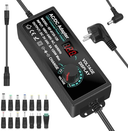 Netzteil Universal 5A 120W, Vankarr 3V-24V Netzadapter Einstellbares Netzteiladapter 100V-240V AC zu DC mit LED-Spannungsanzeige, 5,5x2,5mm 14 Tipps, für Haushaltselektronik, Labornetzteil, 5A Max