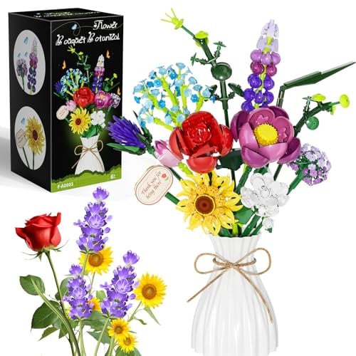 Flowers Bouquet Building Set, Botanical Collection Artificial Flower with Vase, Rose, Sunflower, Hydrangea, Jasmine for Home Decor, Plants Gifts for Mother's Day Anniversary Adults Women Girls
