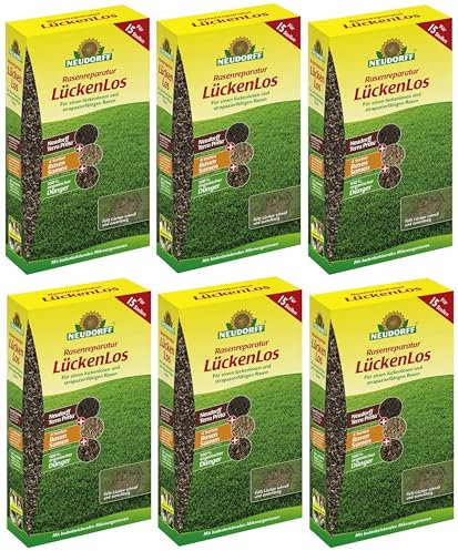 Neudorff RasenReparatur Lückenlos 6x 1,2 kg Sparpaket Terra Preta + organischer Dünger + 4 Sorten Grassamen