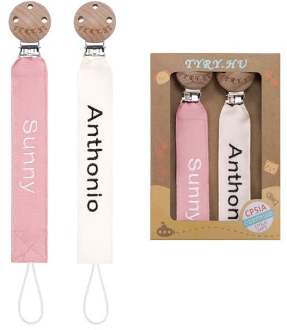 TYRY.HU Chupetero Personalizado para Bebé con Nombre Cadenas Chupetes 2 piezas DIY para Niño y Niñas Unisex Recién Nacido Universal Regalo para bebés Cinta suave Sin BPA(Rosa+Beige)