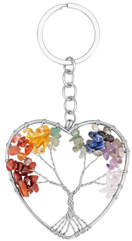 Sahoottie Portachiavi con albero della vita, da donna, 7 chakra, con cristallo curativo, per amicizia, migliore amica, idea regalo per donne, Argento 1 - Cuore, 5cm x 5cm