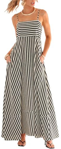 CUPSHE Damen Maxikleid Ärmellos Mit Spaghettiträgern Fließend Sommer Freizeit Gestreift Mit Taschen Schwarz M