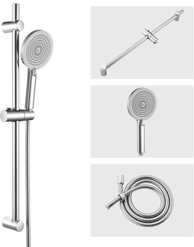 Auralum Barre de Douche avec Pommeau, Ensemble de Douche avec Pommeau(4 Jets),Flexible en acier inoxydable (150 cm),Barre de Douche en acier inoxydable (70 cm) et Support de Pommeau de Douche, Chromé