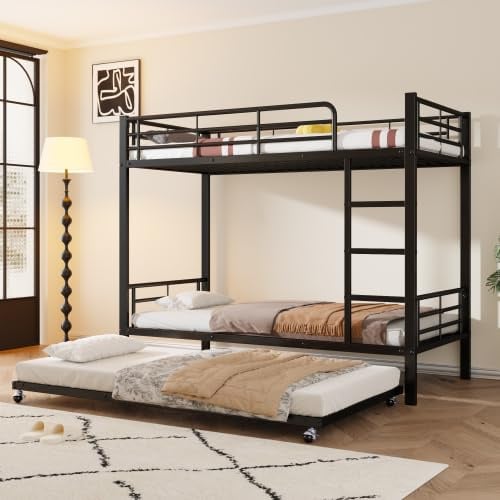 Merax Eisenbett Etagenbett für Kinder und Jugendliche, mit Ausziehbett, 90x200cm & 90x190cm, Schwarz, mit Seitengittern und Leiter – Platzsparendes Design, EN747 Zertifiziert