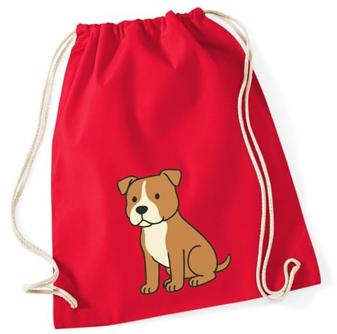Huuraa Turnbeutel American Pit Bull Terrier Comic Pitty Geschenk | Sportbeutel 12 Liter Classic Red Baumwolle Roter Rucksack Geschenkidee Unisex Beutel mit Kordelzug Baumwollbeutel