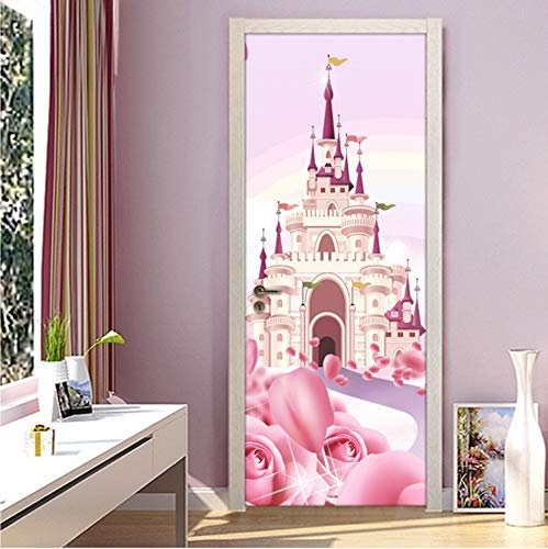 PANDABOOM Cartoon Schloss Rosa Prinzessin Zimmer Mädchen Schlafzimmer Tür Aufkleber Wandbild Tapete PVC Wasserdicht Selbstklebend 77X200Cm