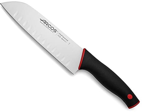 Arcos Séries Duo - Couteau Santoku - Lame Acier Inoxydable Nitrum 180 mm - Manche Polypropylène Recouvert d'Élastomère Couleur Nero et Rouge