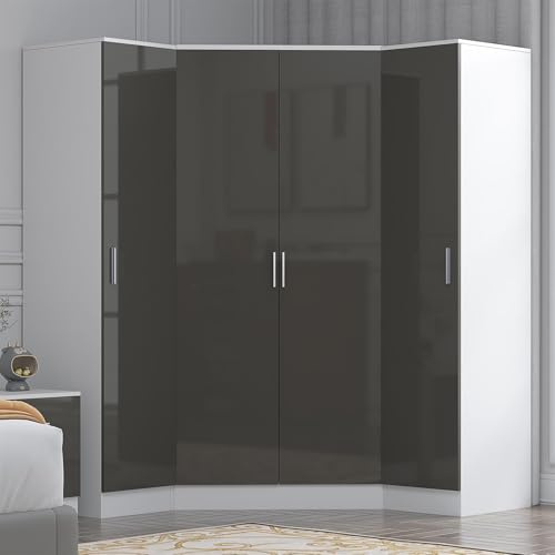 Reflect 3 Piece Wardrobe Bundle | 2 Door Corner + 2x 1 Door Plain | Grey Gloss & Matt White Finish | H: 180cm x W: 179cm x D: 103cm | Modern Bedroom Furniture Storage Solution
