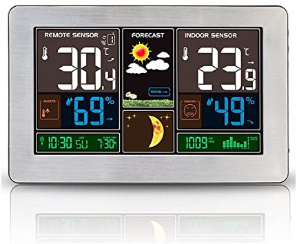VORRINC Wetterstation Funk mit Außensensor,Wettervorhersage,Farbdisplay,Innen Aussen Digital Thermometer,Hydrometer Feuchtigkeit, DCF Empfangssignal Funkuhr,Mondphase(Silber)