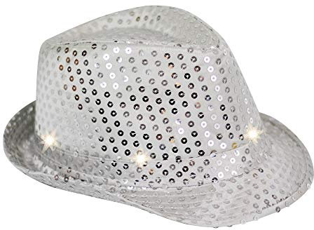Trendario Pailletten Hut mit LED, Party Glitzerhut für Damen und Herren, Neon Partyhut (Silber)
