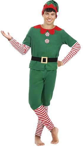 Funidelia Elfen Kostüm für Herren, Enthält T-Shirt, Hose, Gürtel und Mütze, Weihnachten - Outfit für Erwachsene für Partys, Karneval und Halloween - Größe XL