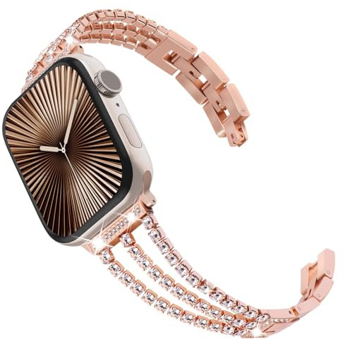 WINGLE Stainless Steel Strap for Apple Watch Straps,Women Bling Link Bracelet Replacement band for Apple watch se Strap,series 10 42mm,Series 9/8/7 41mm,Series 6/5/4 40mm,Series 3/2/1 38mm,Rose Gold