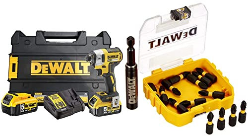 Dewalt DCF887P2-QW DCF887P2-QW-Atornillador Impacto sin escobillas XR 18V 1/4 205Nm con 2 baterías Li-Ion 5 & DT70618T-QZ DT70618T-QZ-Juego de 15 Piezas Impact Torsion guía magnética compacta
