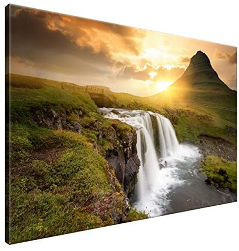 Estika Leinwand bilder - Island, Wasserfall, Sonnenuntergang - 120x80 cm, 1 teilige kunstdruck - Wandbilder wohnzimmer, schlafzimmer, Moderne wanddeko, Bild auf leinwand - Natur bilder - 2050A_1B