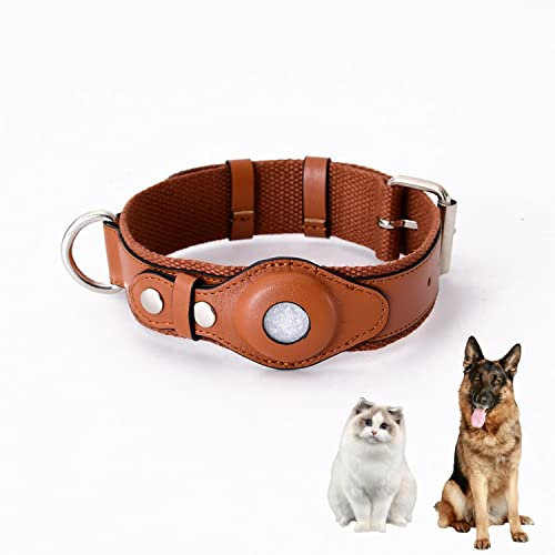 PUSHY.D AirTag Halsband für Hunde und Katzen Weiches Kunstleder Langlebig Intelligenter Anti-Verlust Einstellbarer Airtag Schutz Haustier Halsband für Kleine Mittlere und Große Hunde(Braun, L)