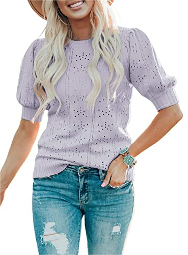 Jhsnjnr Women's Crew Neck Knitted Summer Tops Lightweight Pullover Sweater Puff Short Sleeve Jumpers
