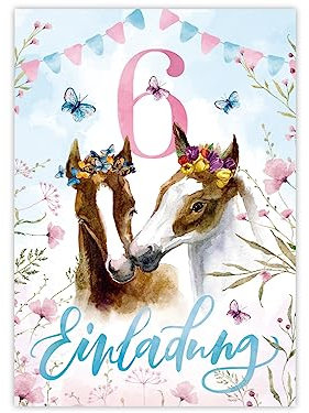 Minkocards 12 Einladungskarten zum 6. Kindergeburtstag Mädchen Pferde Einladung sechste Geburtstag Kinder bunte Geburtstagseinladungen
