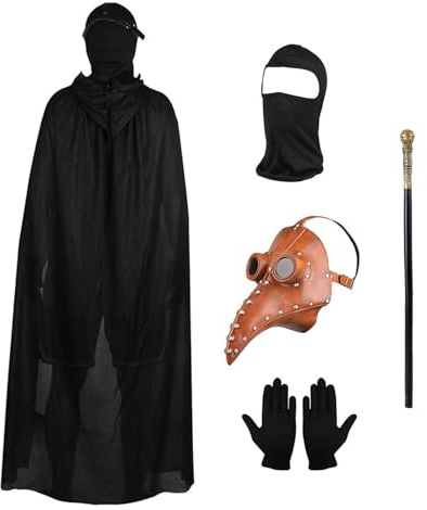 Lifreer Conjunto de disfraz de cosplay de Halloween, máscara de médico de la peste con guantes negros, capa con capucha, máscara de cara completa, accesorios de disfraz de fiesta de máscaras de bastón