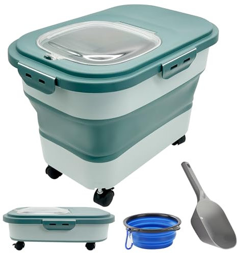 kathson Dog Cat Food Storage 20lb Folding Dog Food Bin with Lid Wheels Airtight Pet Food Storage Container with Collapsible Pet Bowl & Measuring Scoop Dry Food Seed Rice Cereal Storage Bin (Green)
