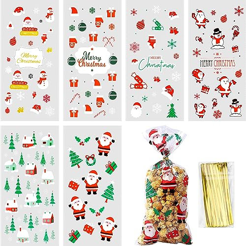 150er Weihnachten Cellophantüten, Plätzchentüten Transparent, Weihnachten Süßigkeiten Tüten, Zellophantüten Klein mit 180 Stück Twist Krawatten, für Süßigkeiten Schokolade Brot Kekse (6 Stilen)