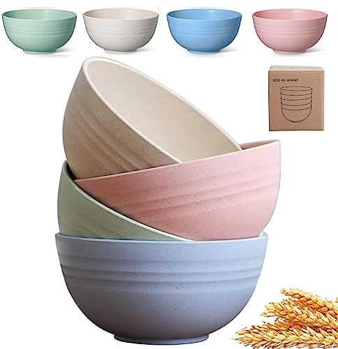 K Y KANGYUN Unbreakable Cereal Bowls - 24 oz Reusable Wheat Straw Bowl- Perfect for Serving Soup, Oatmeal, Pasta, Salad Camping, Picnic Bowls- Dishwasher & Microwave Safe - BPA Free, Sets for 4