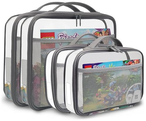 holay 4 Packs PVC Zippered Blocks Set, Toy, Clay, Board game Storage Organizer Case bag(Name Tag, Manual Pocket) (Grey, Small,Large)