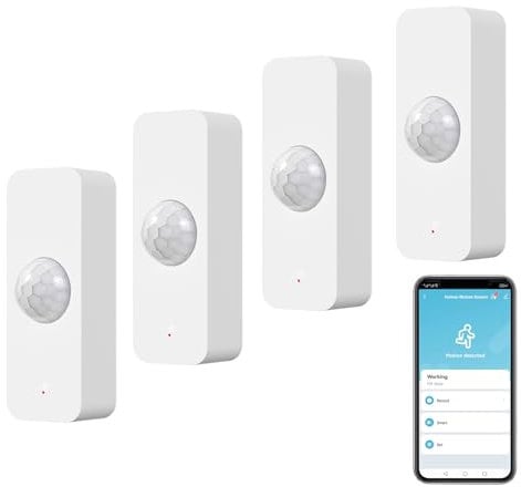 Détecteur de mouvement WiFi, Détecteur de mouvement intelligent pour la sécurité de la maison, Moniteur à distance d'app de détecteur de mouvement sans fil, Compatible les commandes vocales Alexa.4PCS