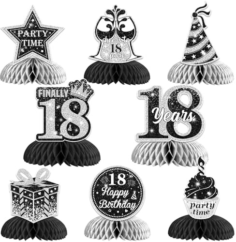 Jollyboom Waben-Tafelaufsätze zum 18. Geburtstag, Schwarz und Silber, Tischdekorationen zum 18. Geburtstag, doppelseitiger Druck, Happy Birthday, Tischdekoration für Jungen und Mädchen, 18 Jahre alt,
