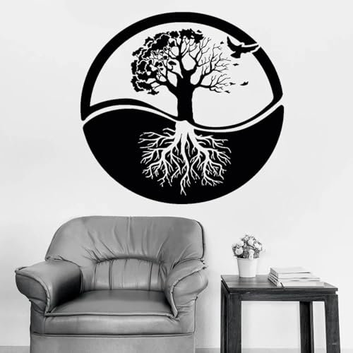 SHELOG Autocollant mural arbre de vie, racines d'arbre, oiseau, porte fenêtre, autocollant en vinyle, Yoga, salle de méditation, salon, pépinière, décoration de maison
