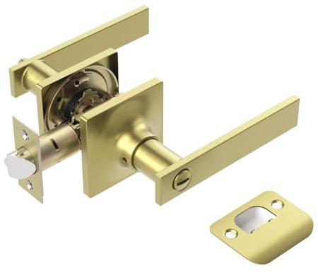 Door Handles Interior with Door Turn Lock - Privacy Heavy Duty Keyless Door Knobs, Brushed Brass Gold Reversible Square Door Lever for Bathroom, Bedroom, and Rooms (1 Pack, Gold)