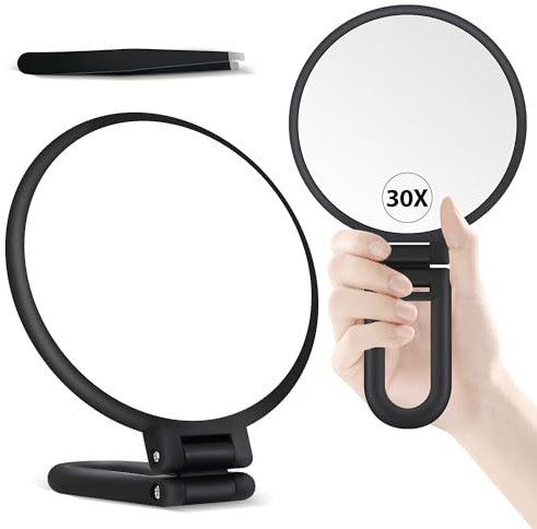 MIYADIVA 30X Magnifying Mirror, Hand Mirror with Handle, Double Sided Hand with 30X/1X Magnification, Travel Essential, Portable Foldable Makeup for Precision Makeup Frosted Black