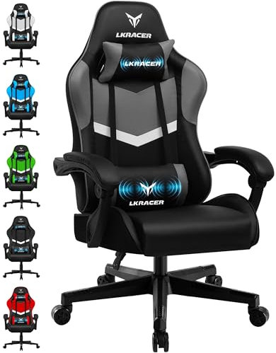 LUCKRACER Gaming Chair, Massage Ergonomic Computer Chair Lumbar Support High Back Height Adjustable Gaming Chair with 360°-Swivel Seat and Headrest for Home Office, Grey