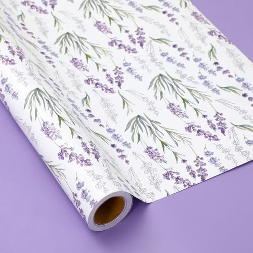 JarThenaAMCS Lavendel-Geschenkpapier – Mini-Rolle – 43 cm x 100 cm, Aquarell-Geschenkpapier, violette Blume, doppelseitig, Bastelpapier für Hochzeit, Geburtstag, Brautparty