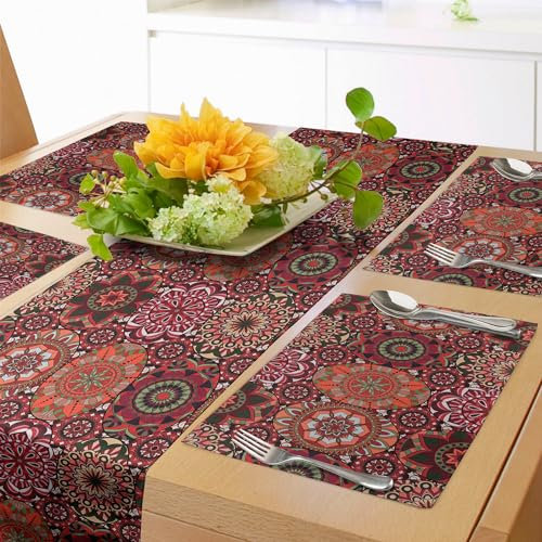 ABAKUHAUS marokkanisch Tischläufer & 4 Stück Tischsets, Weinlese-Fliesen-Design mit ovalen Motiven Osmane Mandala Zahlen Ornamental, Tischdeko-Set, 180 x 40 cm, Rubin