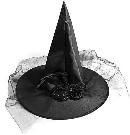 Hexenhut für Halloween Frauen - Magischer Hexenhut für Frauen - Mit Federn und Netz-Design - Perfektes Zaubererhut Zubehör für Party, Cosplay und Maskerade (Schwarz)
