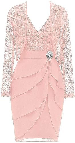 WSEYU Robe de soirée en dentelle à manches longues avec veste pour mère de la mariée ZM047, vieux rose, 46