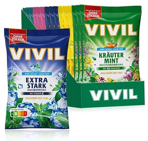 VIVIL Hals- und Hustenbonbons, zuckerfrei, 15 x 120 g | Abgestimmte Rezeptur aus Kräutern, erfrischend im Geschmack, Familienpackung für Zuhause und Büro