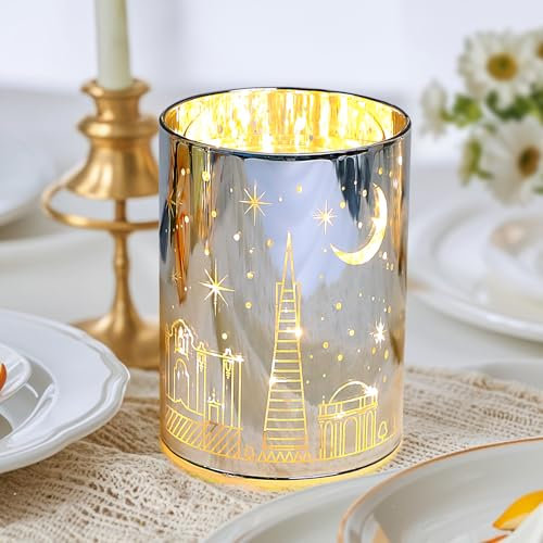 Tea Light Candle Holders, Aosite Glass Tealight Candles Holders with LED, Elegant Silver Tealight Holders for Table Centerpiece, Wedding, Mothers Day Birthday Gift, Home Décor -Tea Light not Included