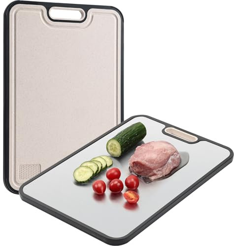 Schneidebrett Aus 304 Edelstahl Schneidebrett Groß Doppel-Sided Schneidebretter BPA-Frei Rutschfest Weizenstroh Frühstücksbrettchen Mit Saftrillen Leicht Zu Reinigen